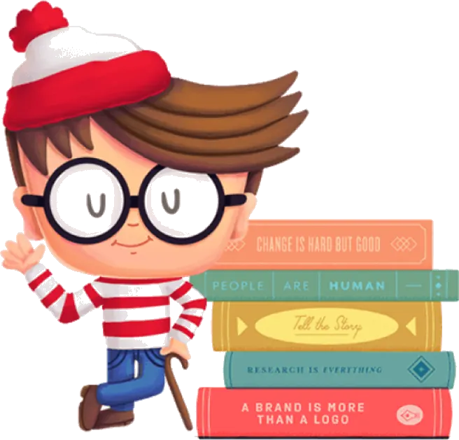 Illustration of a child standing beside a stack of books