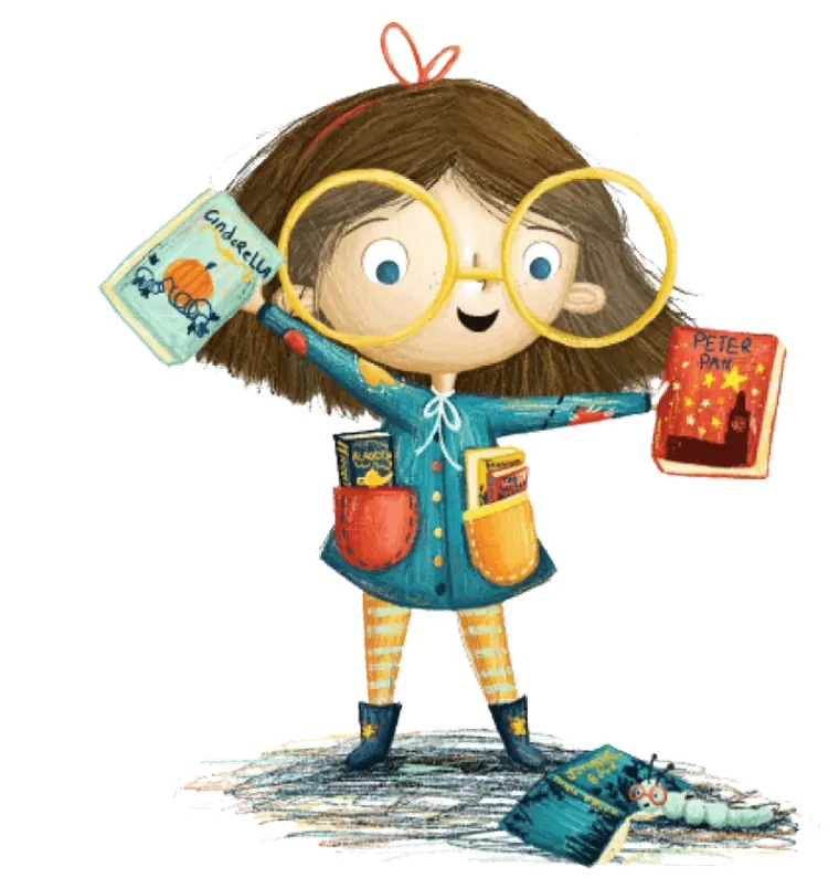 Illustration of a girl with books and large glasses