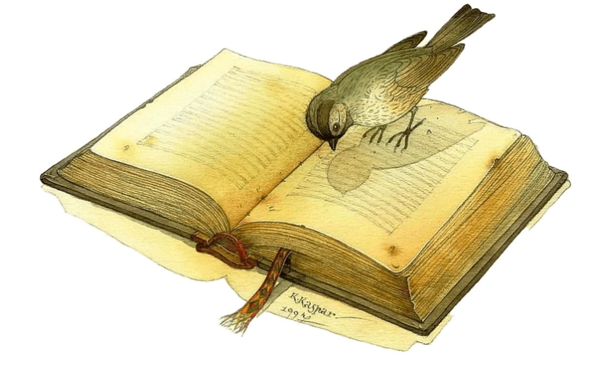 Open book illustration with a bird
