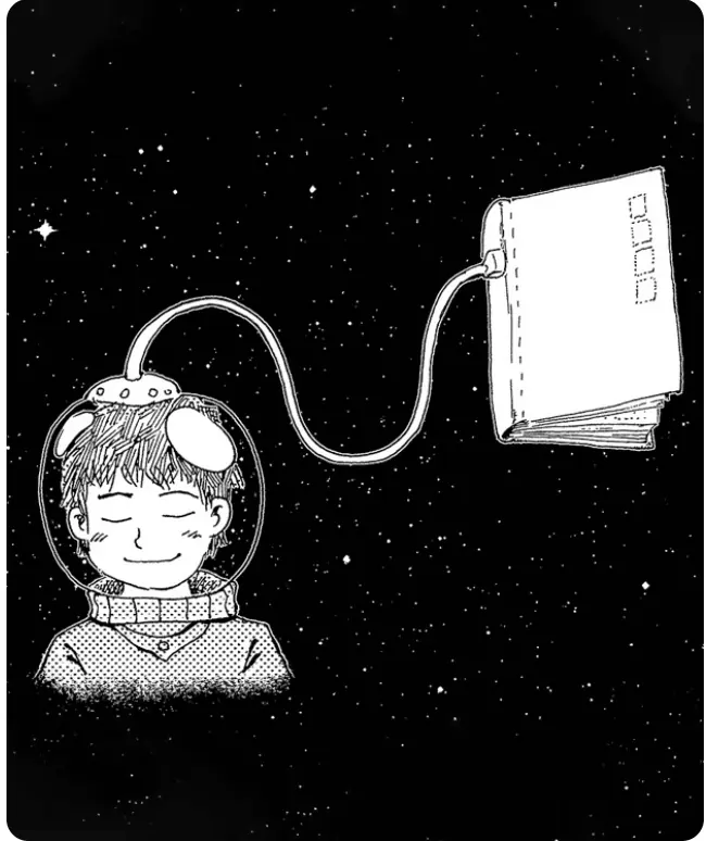 Black and white illustration of a person in space connected to a floating book