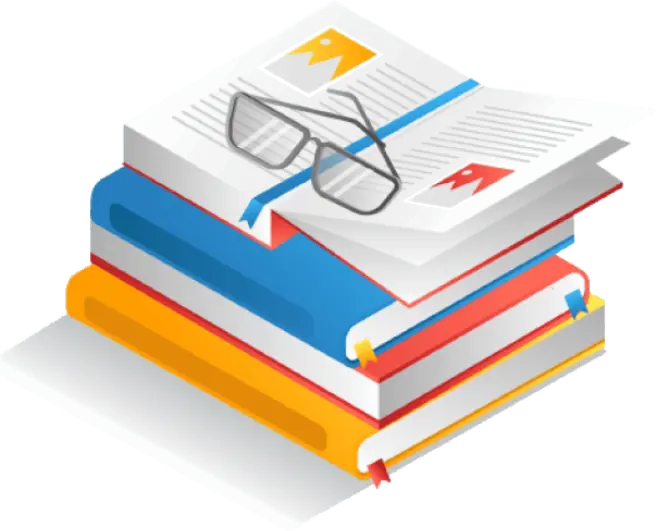 Stack of books with writing pages and glasses