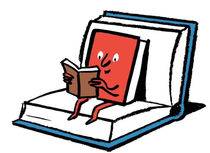 Illustration of a book character reading on an open book